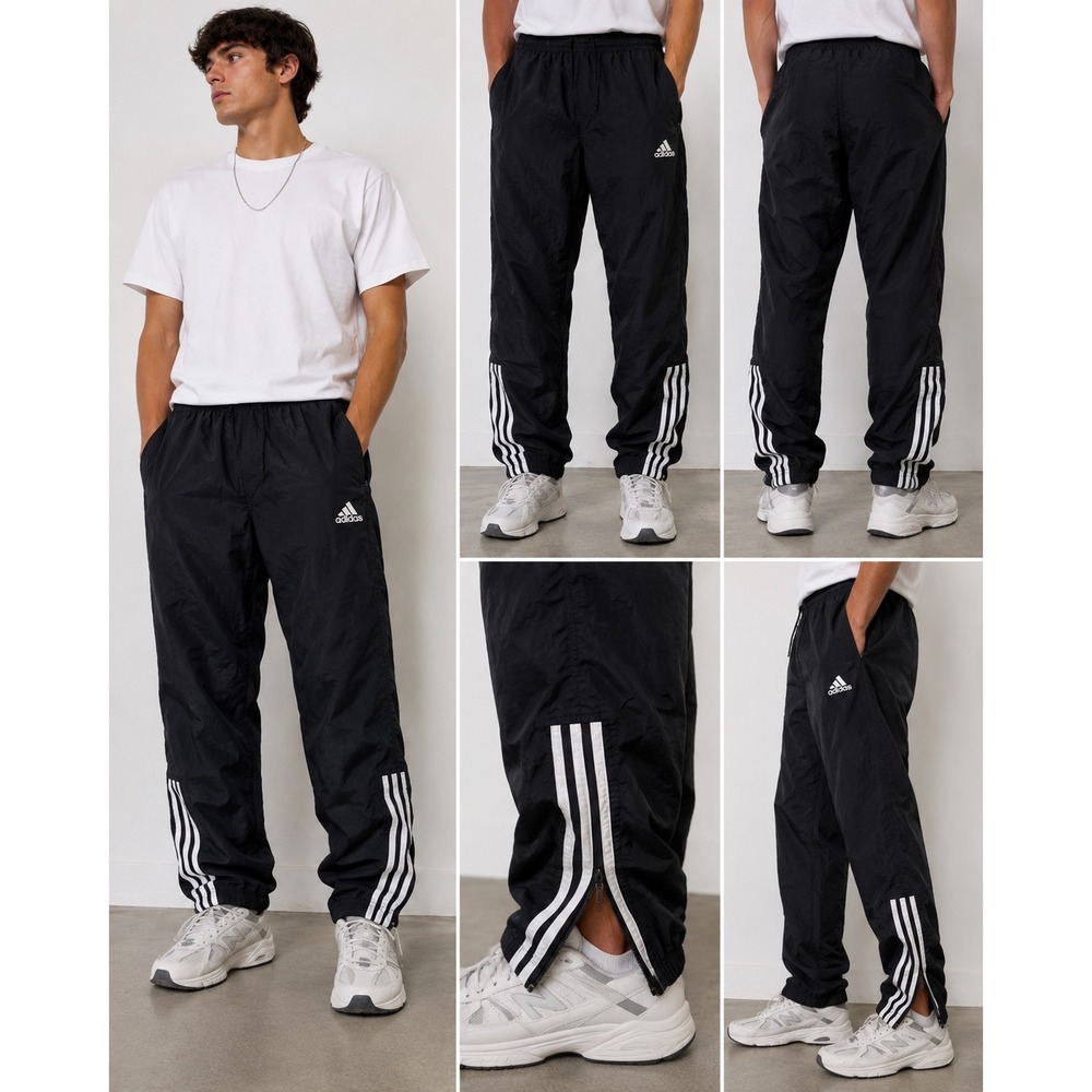 Adidas Track Pants Mens M Black Nylon Vintage 90s Windbreaker 3-Stripe Joggers